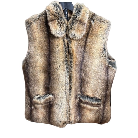Faux Fur Brown Collared & Lined Vest w/2 Pockets Women’s Size Medium - Picture 2 of 7